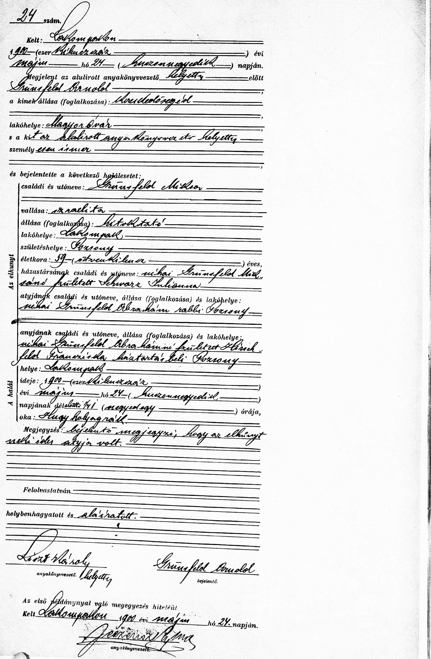 Sterbebuch Lackenbach, Miksa Grünsfeld, 24. Mai 1900