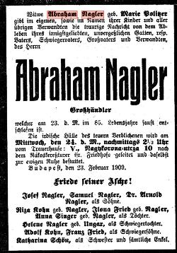 Sterbeanzeige Abraham Nagler 1909 Sterbeanzeige Abraham Nagler 1909