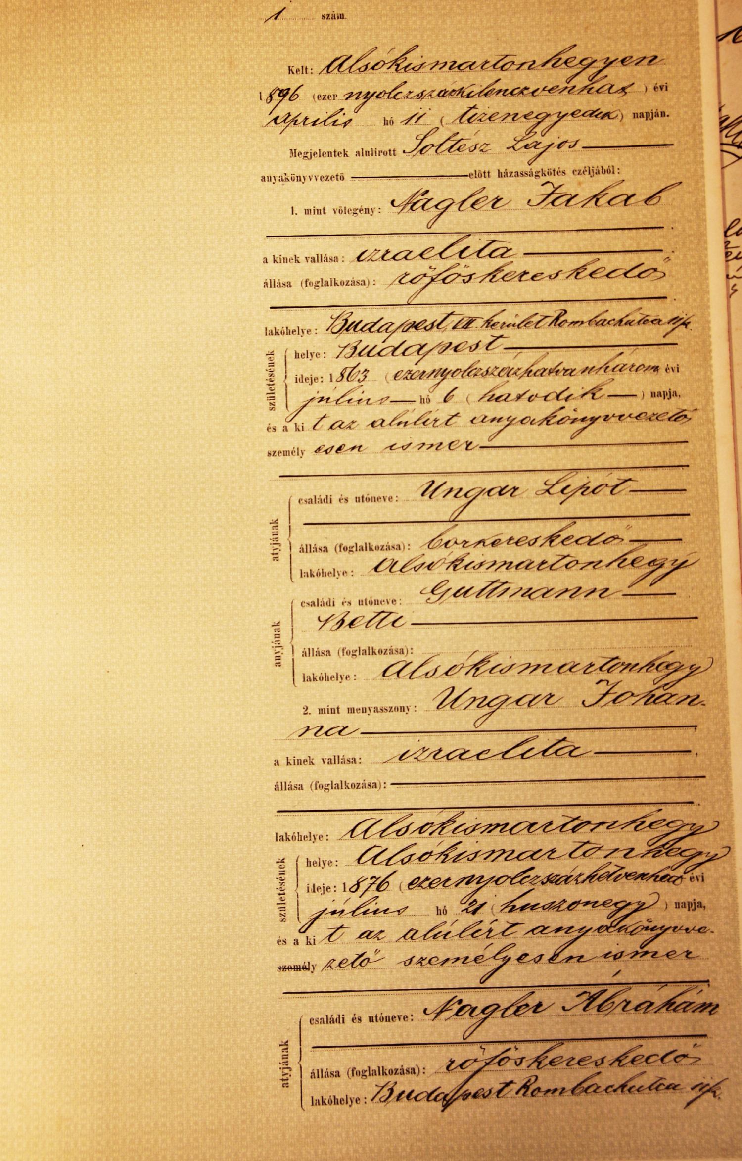 Eintrag Trauungsbuch Eisenstadt Jakob Nagler und Johanna Ungar, 11. April 1896