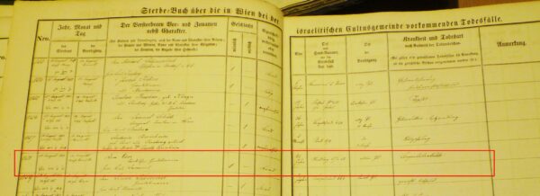 Eintrag Sterbebuch Währing, Samuel Oser, 28. August 1851 "gerichtlich beschaut"