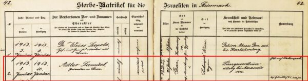 Eintrag Sterbebuch Graz, Samuel Adler, 08. Jänner 1913